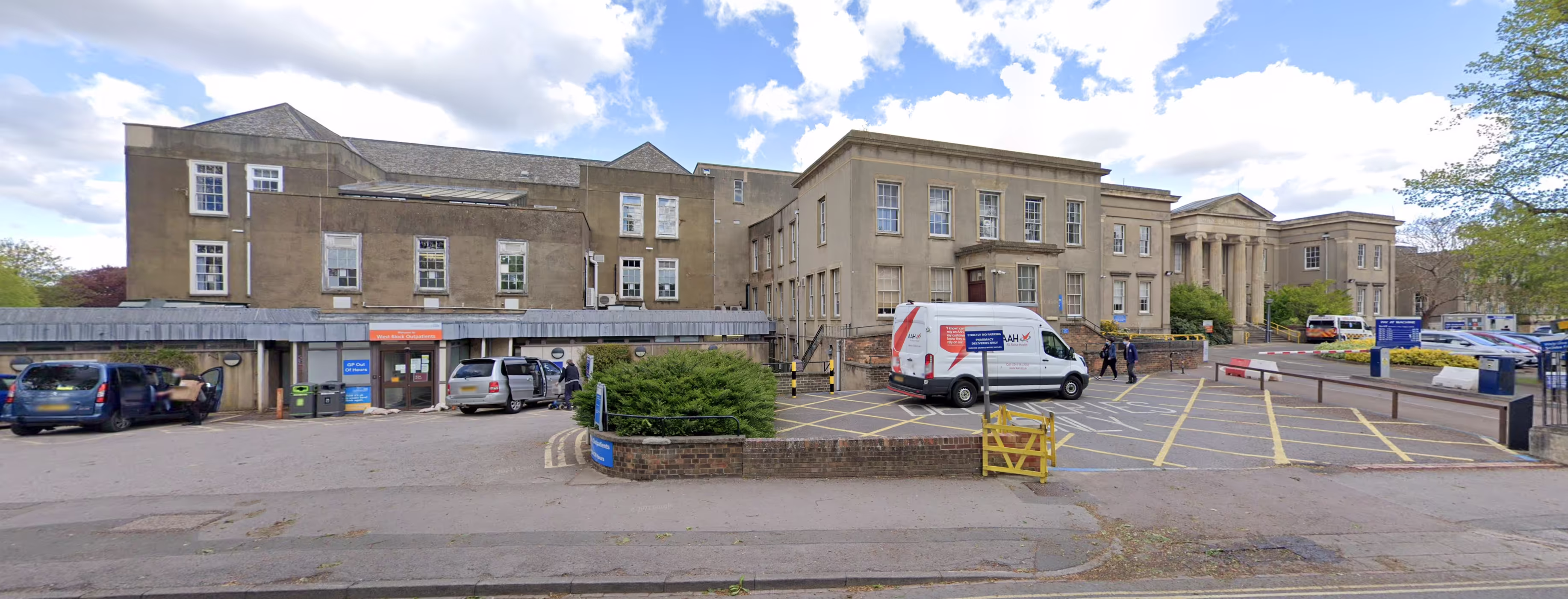 Cheltenham General Hospital - A&E department entrance and building exterior. Located in Cheltenham, Gloucestershire.